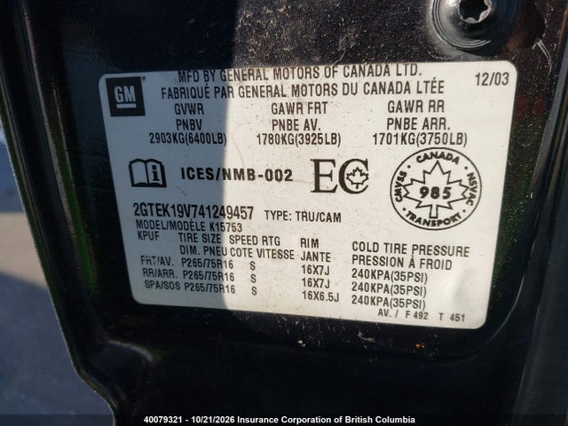 2004 Gmc New Sierra K1500 მანქანა იყიდება აუქციონზე, vin: 2GTEK19V741249457, აუქციონის ნომერი: 40079321
