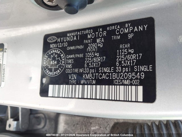 Aukcja sprzedaży 2011 Hyundai Tucson Gl/gls, vin: KM8JTCAC1BU209549, numer aukcji: 40078038