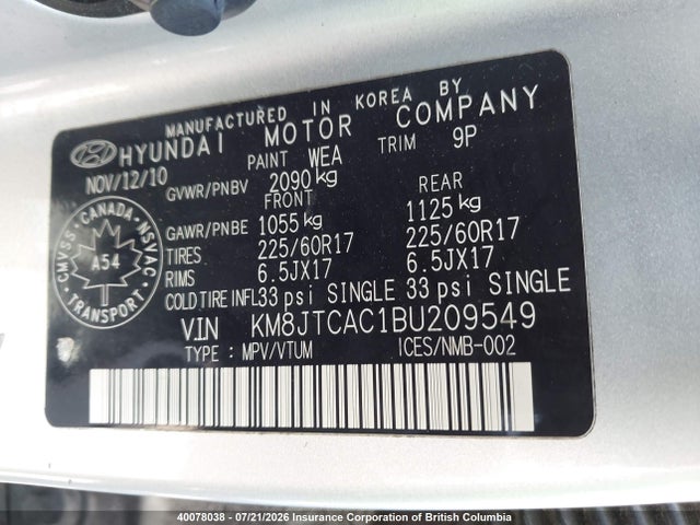 Aukcja sprzedaży 2011 Hyundai Tucson Gl/gls, vin: KM8JTCAC1BU209549, numer aukcji: 40078038