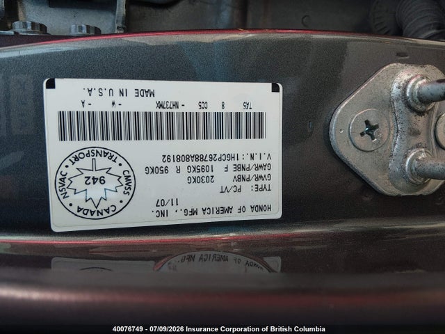 40076749 :رقم المزاد ، 1HGCP26788A808192 vin ، 2008 Honda Accord Ex مزاد بيع