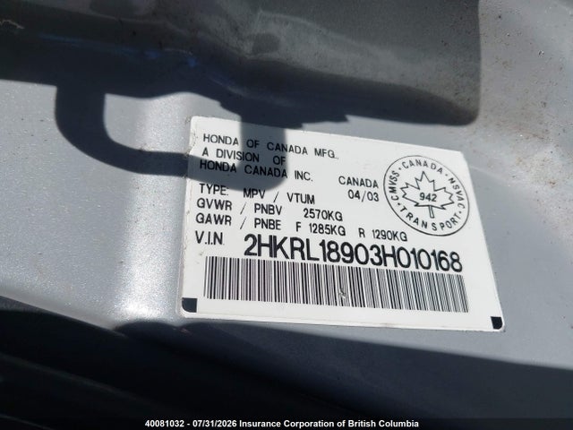 40081032 :رقم المزاد ، 2HKRL18903H010168 vin ، 2003 Honda Odyssey Exl مزاد بيع