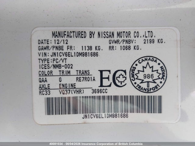 Продаж на аукціоні авто 2013 Infiniti G37x, vin: JN1CV6EL1DM981686, номер лоту: 40081034