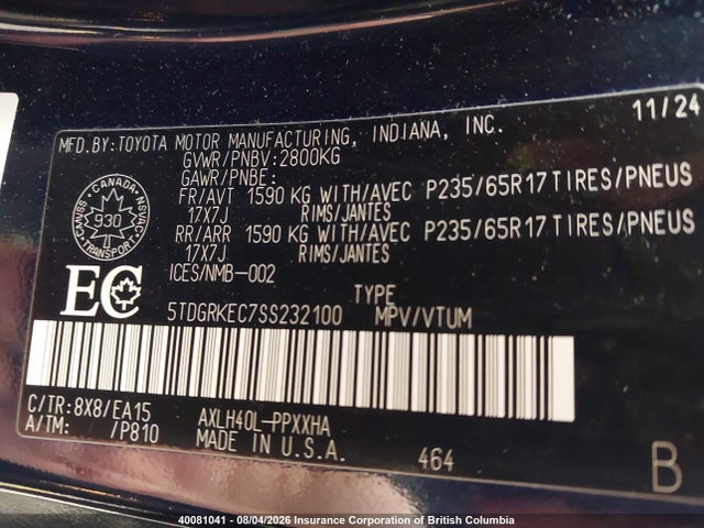5TDGRKEC7SS232100 Toyota Sienna Le/xle/platinum/xse/limited/autono-mass