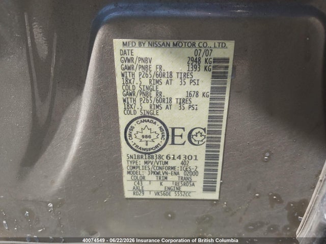 40074549 :رقم المزاد ، 5N1BR18B38C614301 vin ، 2008 Nissan Pathfinder Le/se مزاد بيع