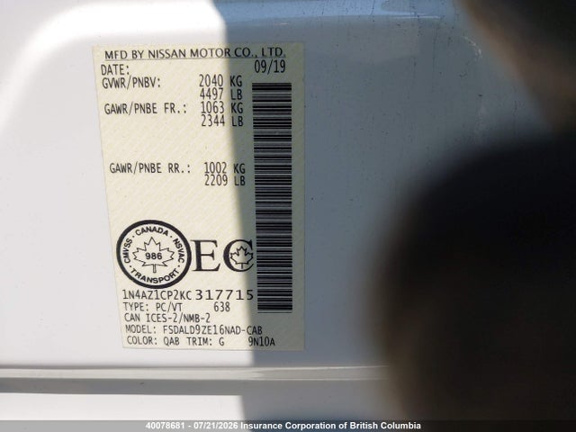 Nissan Leaf S/sl/sv 2019 1N4AZ1CP2KC317715 Image 9