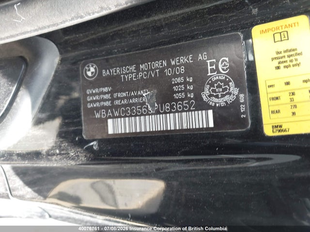 40076761 :رقم المزاد ، WBAWC33569PU83652 vin ، 2009 Bmw 328 Xi مزاد بيع