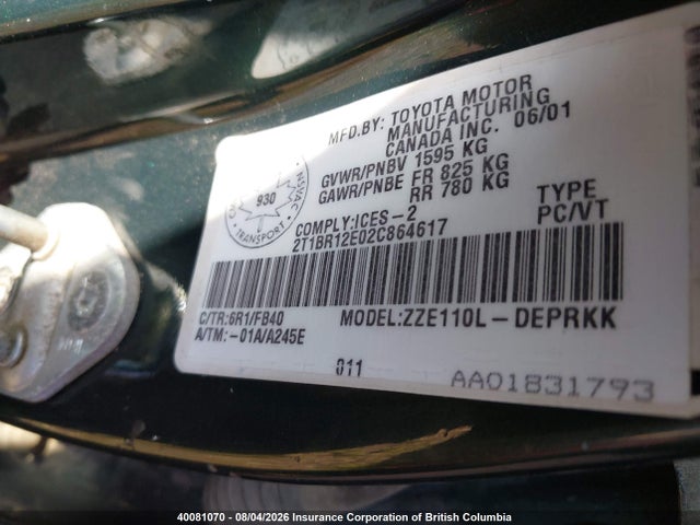 40081070 :رقم المزاد ، 2T1BR12E02C864617 vin ، 2002 Toyota Corolla Ce/le/sport مزاد بيع