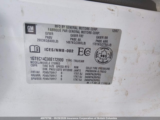 Aukcja sprzedaży 2008 Gmc Sierra C1500, vin: 1GTEC14C98E172999, numer aukcji: 40070766