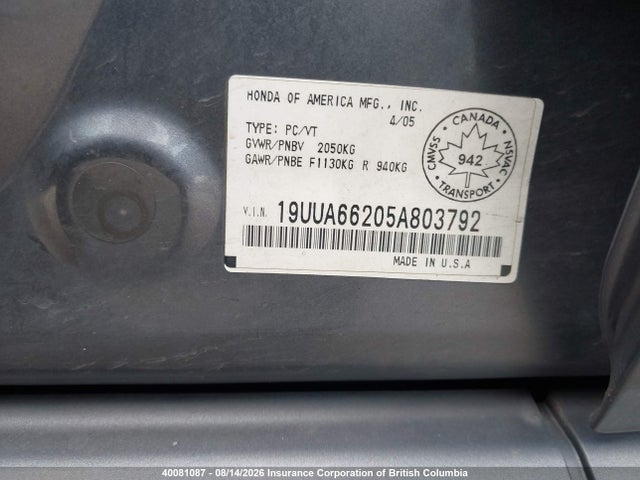 40081087 :رقم المزاد ، 19UUA66205A803792 vin ، 2005 Acura Tl مزاد بيع