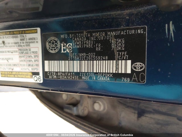 Продажа на аукционе авто 2006 Toyota Corolla Ce/le/s, vin: 2T1BR32E26C559248, номер лота: 40081094