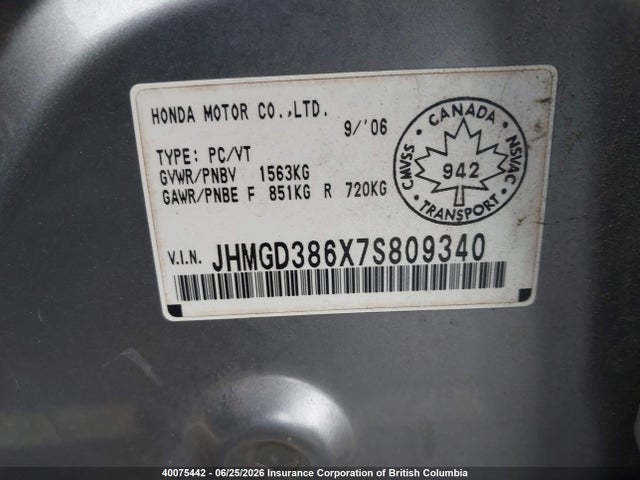 40075442 :رقم المزاد ، JHMGD386X7S809340 vin ، 2007 Honda Fit Sport مزاد بيع