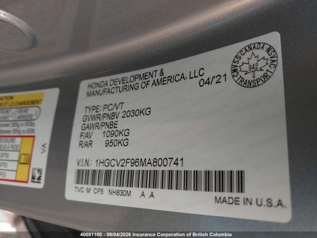 Aukcja sprzedaży 2021 Honda Accord Touring, vin: 1HGCV2F96MA800741, numer aukcji: 40081100