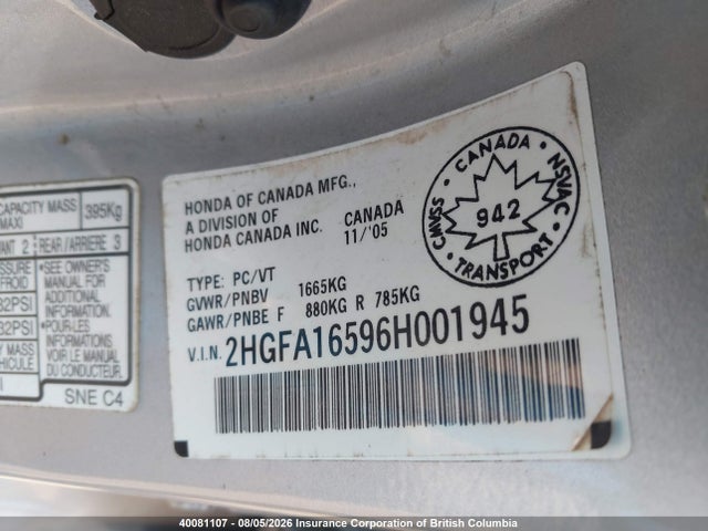 Aukcja sprzedaży 2006 Honda Civic, vin: 2HGFA16596H001945, numer aukcji: 40081107