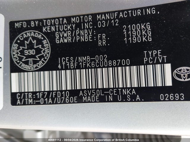 Aukcja sprzedaży 2012 Toyota Camry, vin: 4T1BF1FK6CU088700, numer aukcji: 40081112