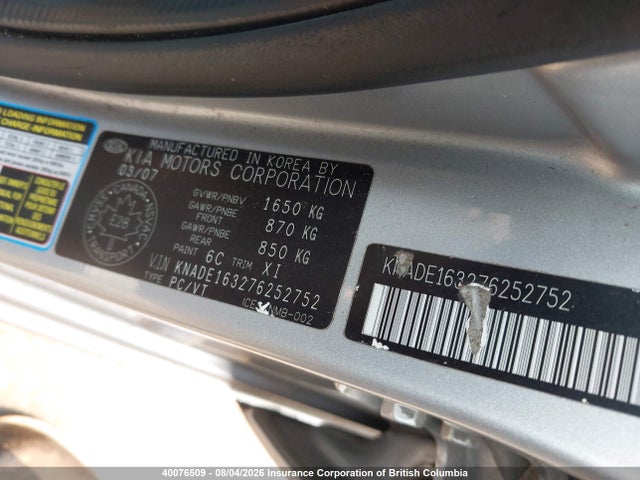 Aukcja sprzedaży 2007 Kia Rio 5 Sx, vin: KNADE163276252752, numer aukcji: 40076509