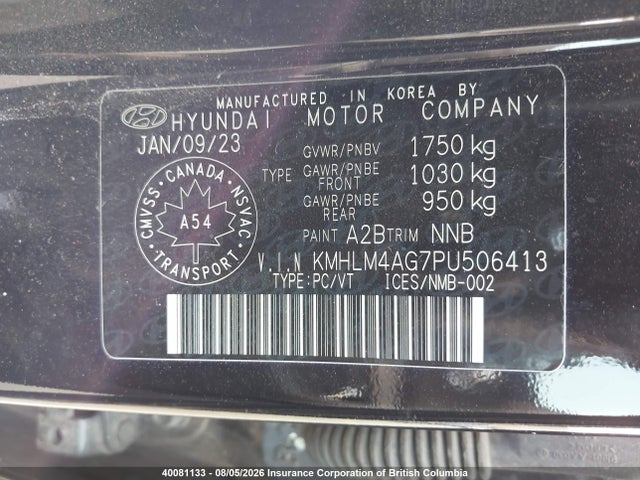 40081133 :رقم المزاد ، KMHLM4AG7PU506413 vin ، 2023 Hyundai Elantra Sel مزاد بيع