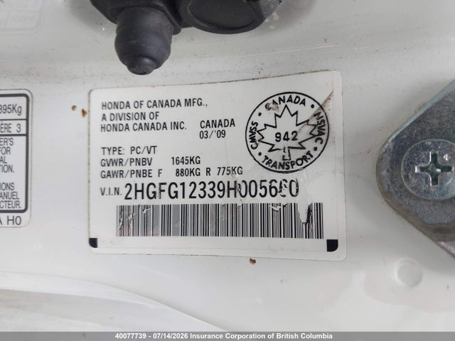 Продаж на аукціоні авто 2009 Honda Civic Dx-g, vin: 2HGFG12339H005660, номер лоту: 40077739