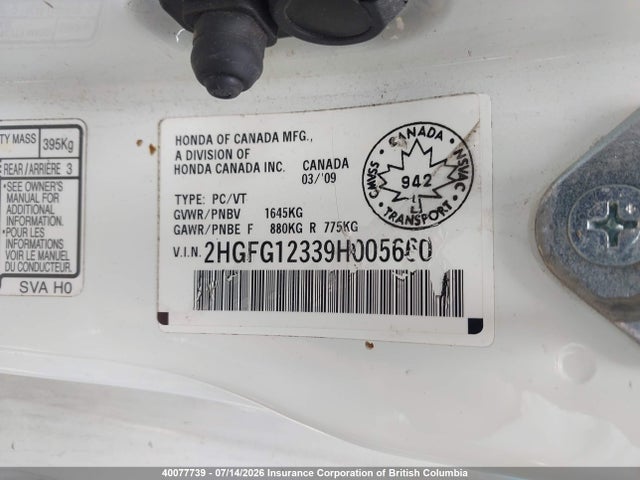 Продаж на аукціоні авто 2009 Honda Civic Dx-g, vin: 2HGFG12339H005660, номер лоту: 40077739