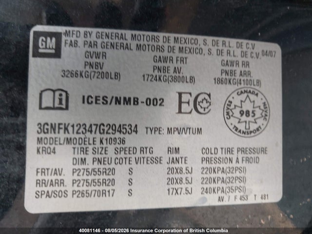 40081146 :رقم المزاد ، 3GNFK12347G294534 vin ، 2007 Chevrolet Avalanche 1500 Ls/lt/ltz مزاد بيع