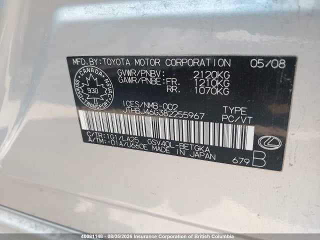 Aukcja sprzedaży 2008 Lexus Es350, vin: JTHBJ46G382255967, numer aukcji: 40081148