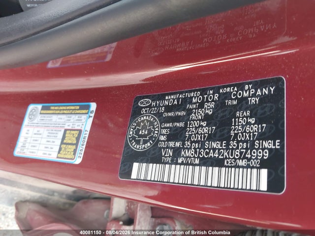 2019 Hyundai Tucson Preferred მანქანა იყიდება აუქციონზე, vin: KM8J3CA42KU874999, აუქციონის ნომერი: 40081150