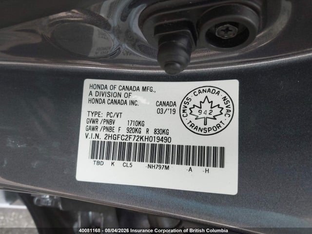 2019 Honda Civic მანქანა იყიდება აუქციონზე, vin: 2HGFC2F72KH019490, აუქციონის ნომერი: 40081168