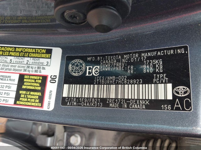 40081193 :رقم المزاد ، 2T1BURHE7HC828923 vin ، 2017 Toyota Corolla L/le/xle/se/xse مزاد بيع