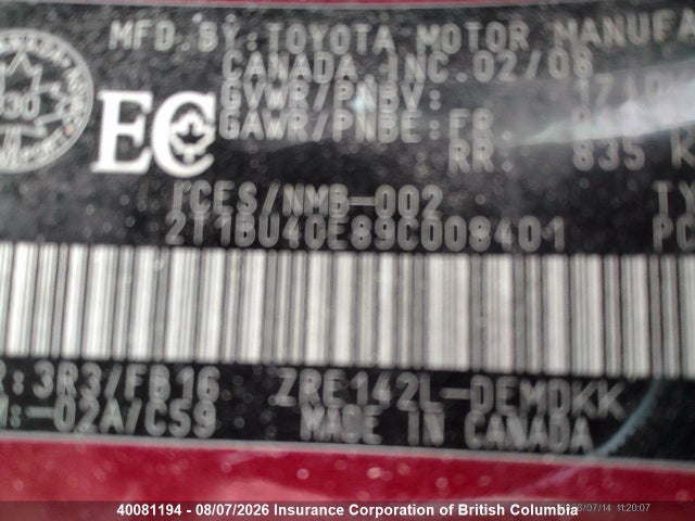 40081194 :رقم المزاد ، 2T1BU40E89C008401 vin ، 2009 Toyota Corolla S/le/xle مزاد بيع