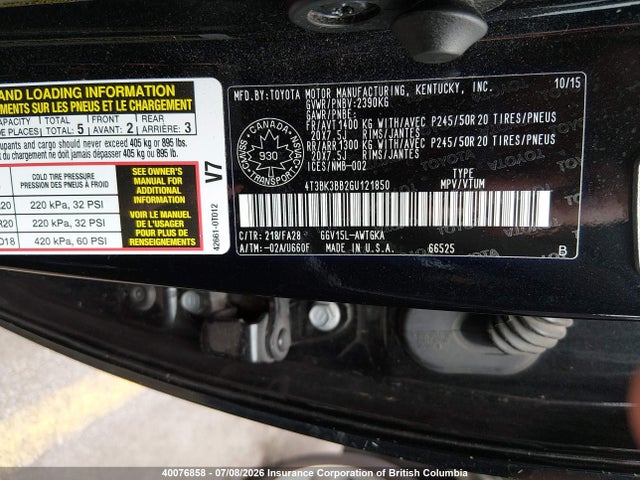 40076858 :رقم المزاد ، 4T3BK3BB2GU121850 vin ، 2016 Toyota Venza Xle مزاد بيع