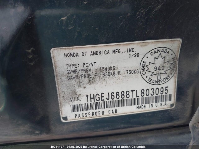 Aukcja sprzedaży 1996 Honda Civic, vin: 1HGEJ6688TL803095, numer aukcji: 40081197