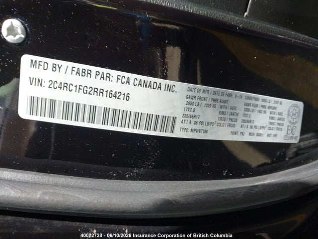 Продажа на аукционе авто 2024 Chrysler Pacifica Touring, vin: 2C4RC1FG2RR164216, номер лота: 40072728