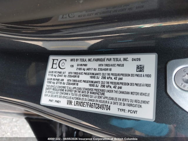 Aukcja sprzedaży 2026 Tesla Model 3 Premium Rear-wheel Drive, vin: LRW3E7FA6TC849704, numer aukcji: 40081222