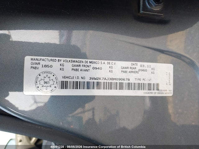 2011 Volkswagen Jetta მანქანა იყიდება აუქციონზე, vin: 3VW2K7AJ3BM090678, აუქციონის ნომერი: 40081228
