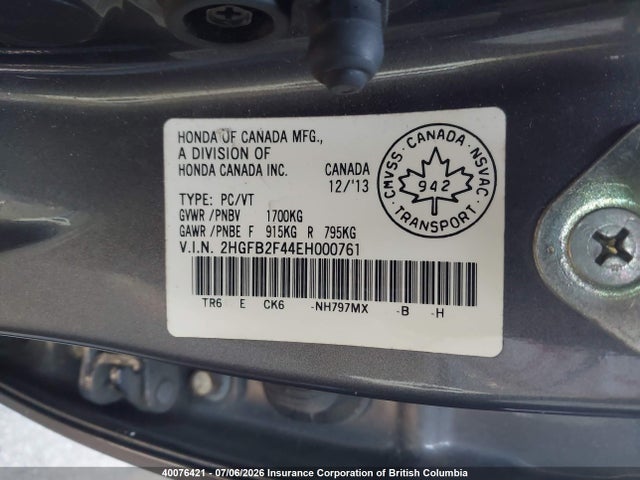 40076421 :رقم المزاد ، 2HGFB2F44EH000761 vin ، 2014 Honda Civic Lx مزاد بيع