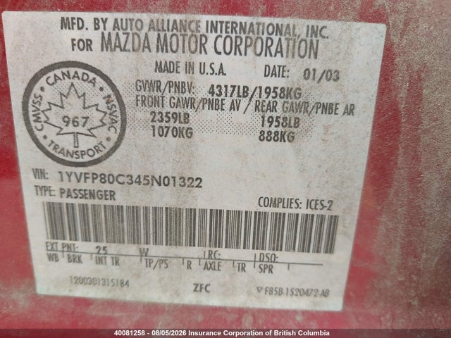 40081258 :رقم المزاد ، 1YVFP80C345N01322 vin ، 2004 Mazda 6 I مزاد بيع