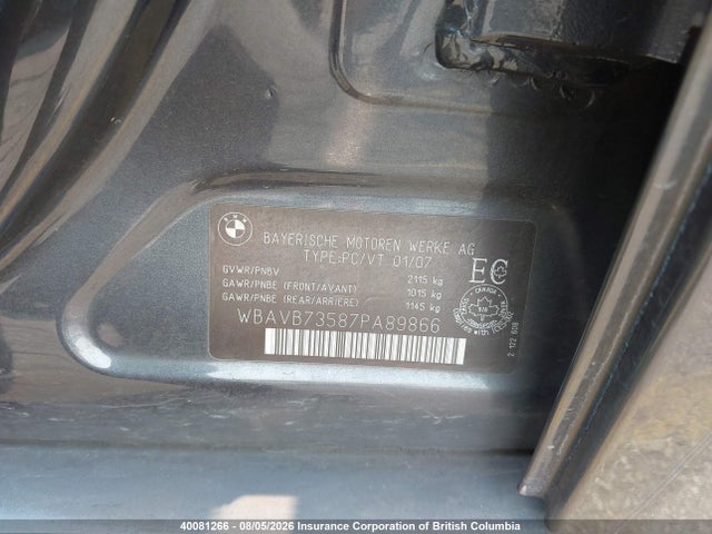 Aukcja sprzedaży 2007 Bmw 3-series, vin: WBAVB73587PA89866, numer aukcji: 40081266