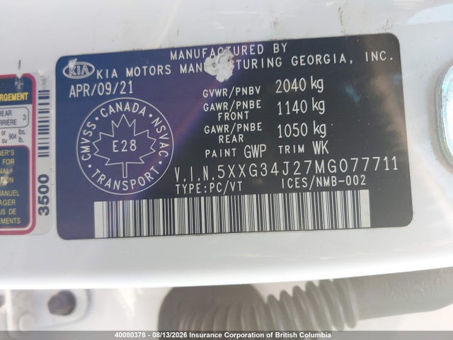 Продаж на аукціоні авто 2021 Kia K5 Ex, vin: 5XXG34J27MG077711, номер лоту: 40080378
