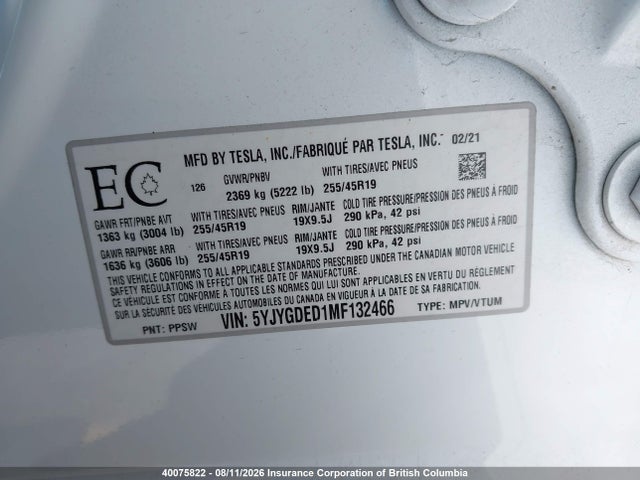 Auction sale of the 2021 Tesla Model Y, vin: 5YJYGDED1MF132466, lot number: 40075822