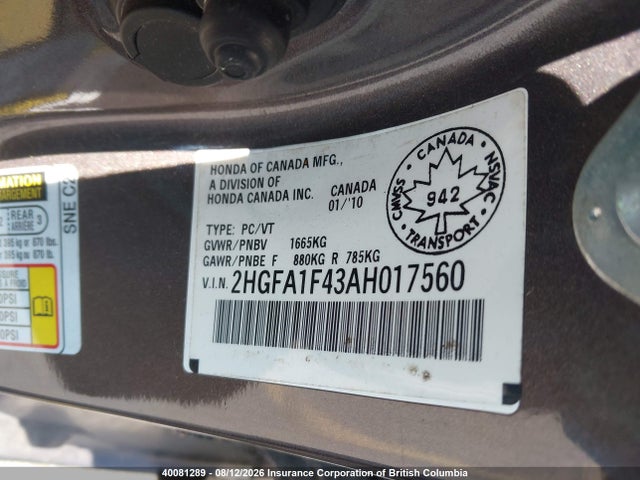 40081289 :رقم المزاد ، 2HGFA1F43AH017560 vin ، 2010 Honda Civic مزاد بيع