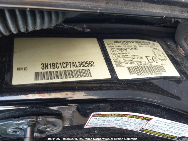 Продажа на аукционе авто 2010 Nissan Versa, vin: 3N1BC1CP7AL392562, номер лота: 40081297