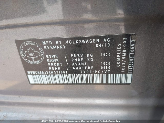 2010 Volkswagen Golf მანქანა იყიდება აუქციონზე, vin: WVWCA9AJ2AW371567, აუქციონის ნომერი: 40081298