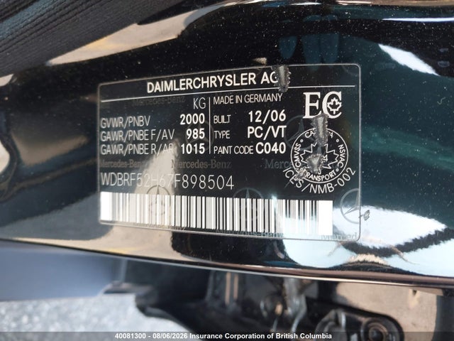 Aukcja sprzedaży 2007 Mercedes-benz C 230, vin: WDBRF52H67F898504, numer aukcji: 40081300