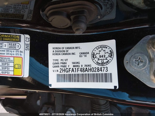 Aukcja sprzedaży 2010 Honda Civic Dx-g, vin: 2HGFA1F48AH028473, numer aukcji: 40078021