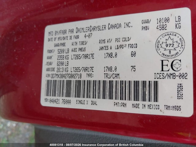 40081318 :رقم المزاد ، 3D7MX38A27G802718 vin ، 2007 Dodge Ram 3500 Slt/trx4 Off Road/sport مزاد بيع
