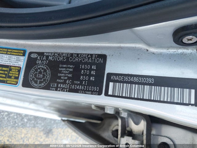 Aukcja sprzedaży 2008 Kia Rio 5 Sx, vin: KNADE163486310393, numer aukcji: 40081330