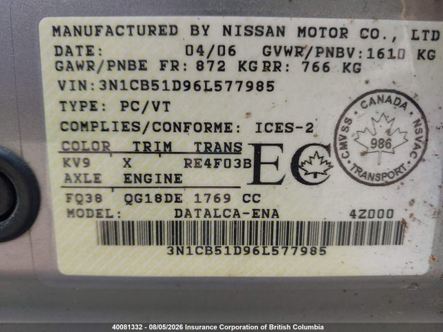 40081332 :رقم المزاد ، 3N1CB51D96L577985 vin ، 2006 Nissan Sentra 1.8/1.8s مزاد بيع