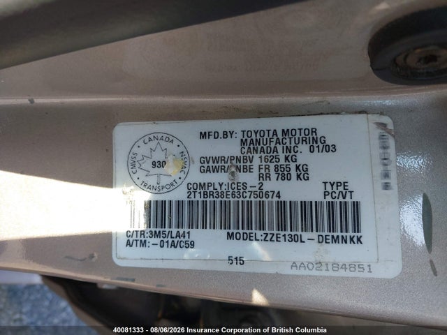 Продажа на аукционе авто 2003 Toyota Corolla Ce/le/s, vin: 2T1BR38E63C750674, номер лота: 40081333