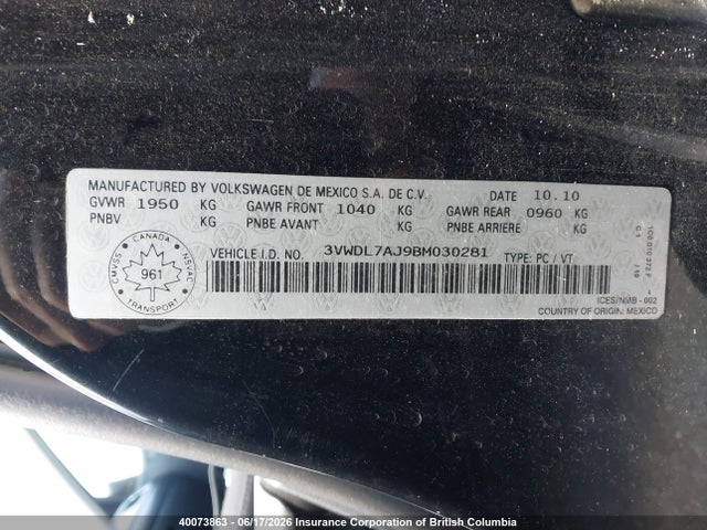 2011 Volkswagen Jetta Tdi მანქანა იყიდება აუქციონზე, vin: 3VWDL7AJ9BM030281, აუქციონის ნომერი: 40073863