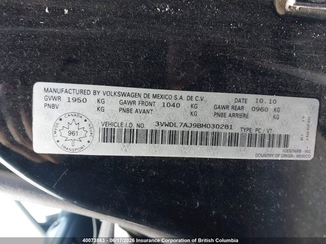 2011 Volkswagen Jetta Tdi მანქანა იყიდება აუქციონზე, vin: 3VWDL7AJ9BM030281, აუქციონის ნომერი: 40073863