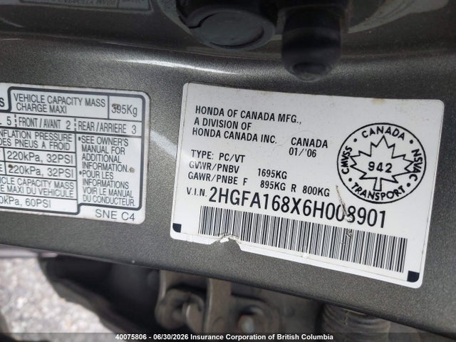 Продажа на аукционе авто 2006 Honda Civic Ex, vin: 2HGFA168X6H008901, номер лота: 40075806